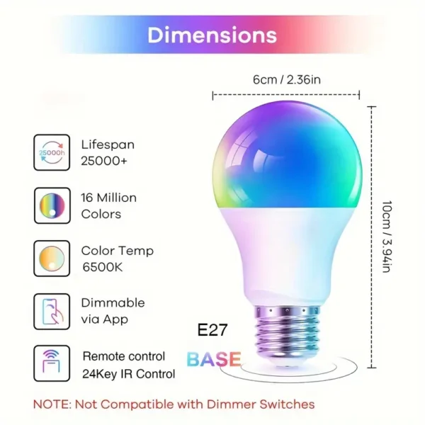 ⁦مصباح LED ذكي لاسلكي بقوة 9 وات - RGBW قابل للتعتيم ، مزامنة الموسيقى ، التحكم في التطبيق ، موفر للطاقة ، سهل التركيب للمنزل⁩ - الصورة ⁦4⁩