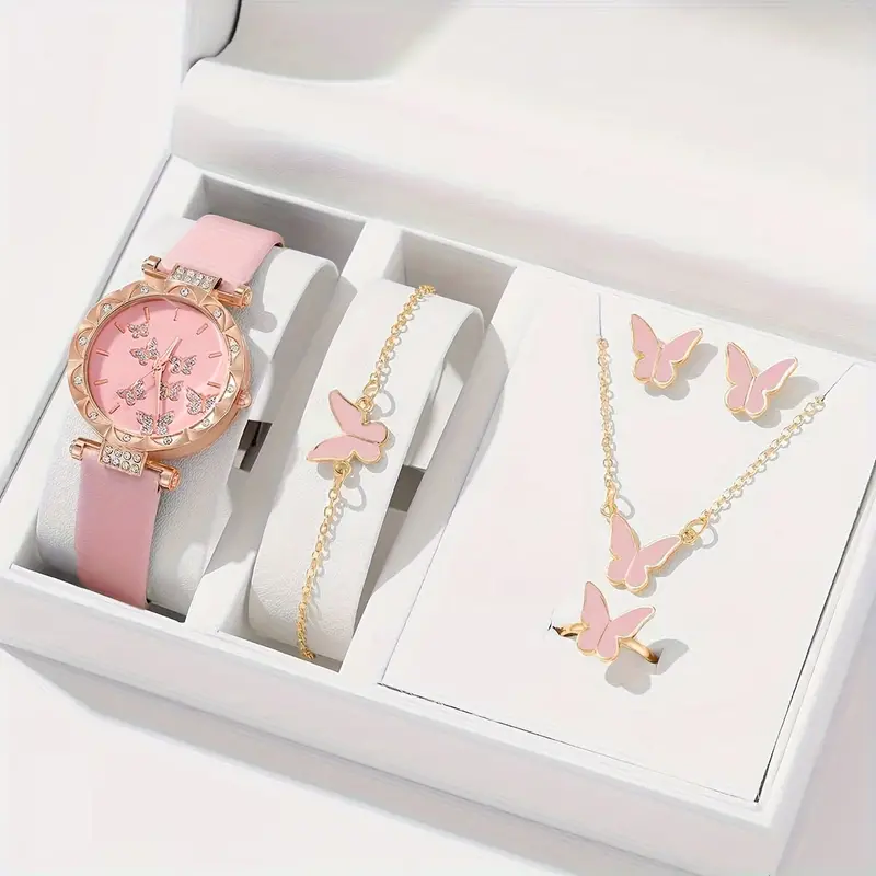 طقم ساعة نسائية أنيقة من الكوارتز الوردي 6 قطع ومجموعة مجوهرات فراشة