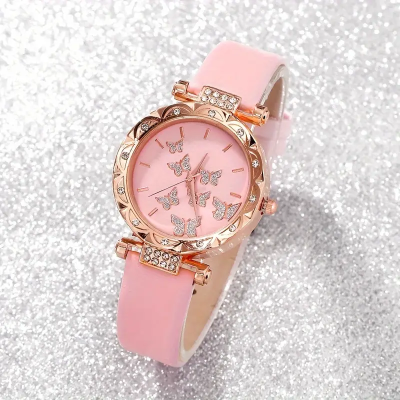 طقم ساعة نسائية أنيقة من الكوارتز الوردي 6 قطع ومجموعة مجوهرات فراشة - الصورة 3