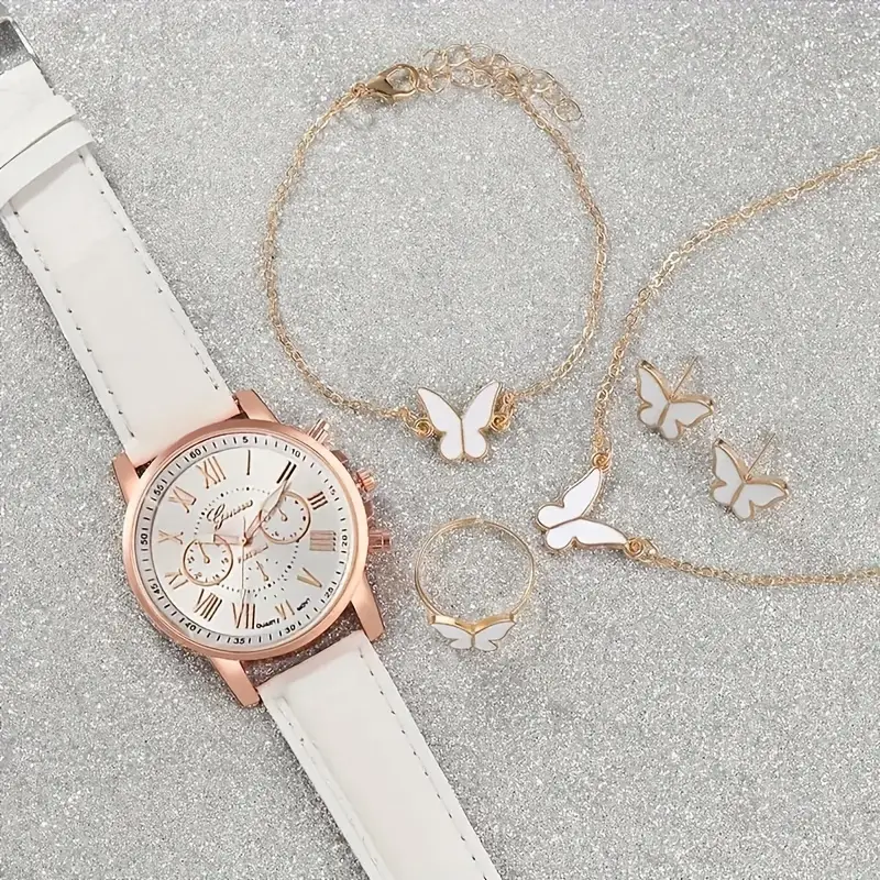 ساعة يد نسائية عصرية بستة قطع بتصميم كلاسيكي وسوار جلدي ومجموعة مجوهرات فراشة، - الصورة 4