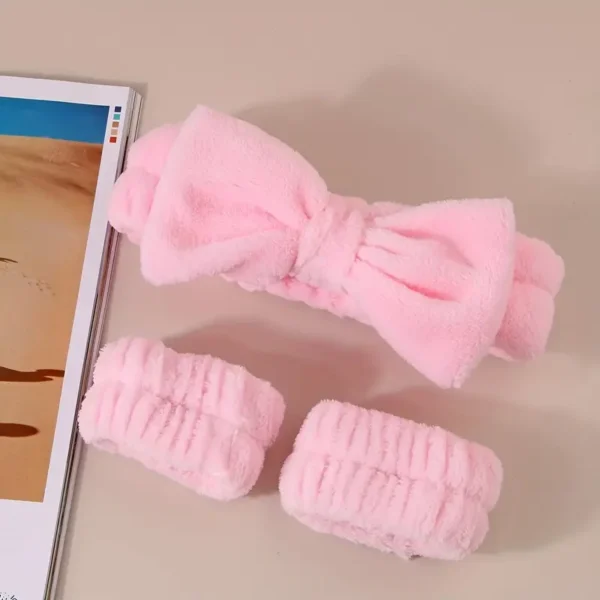 ⁦3 قطعة/المجموعة منفوش جميل Bowknot عصابة رأس سوار معصم ممتص للماء لمكياج السبا والعناية بالبشرة وغسل الوجه⁩ - الصورة ⁦2⁩