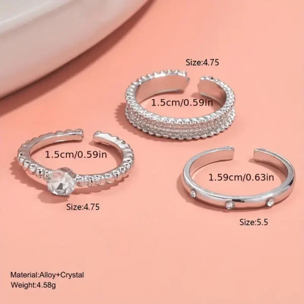 ⁦طقم خواتم أنيقة مكونة من 3 قطع للنساء - طراز هيب هوب بسيط، سبيكة مطلية بالأشعة فوق البنفسجية مع لمسات من الزركونيا، مثالية للارتداء اليومي والحفلات⁩ - الصورة ⁦2⁩