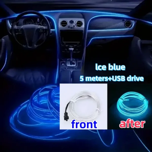 ⁦كابل إضاءة باردة بقوة عالية وعالمية للسيارات الجديدة بطول 5 متر/ 196.85 بوصة مع تزيين LED بإضاءة باردة بدون تلامس ومدخل USB⁩ - الصورة ⁦3⁩