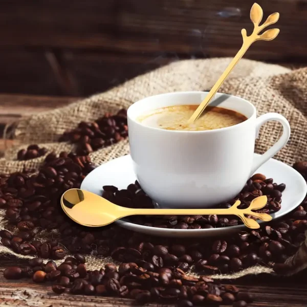 ⁦مجموعة من 12 قطعة من ملاعق وشوك القهوة والحلويات على شكل ورقة من الفولاذ المقاوم للصدأ الأنيقة - مثالية للمنزل، المطعم،  آمنة للاستخدام⁩ - الصورة ⁦2⁩