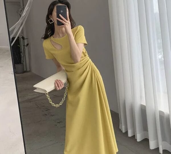 فستان حريمي 2023 صيفي جديد غير رسمي قصة التدريجي تصميم فرنسي نحيف رقبة مستديرة كم قصير تصميم خصر نمط هيبين فستان طويل نسائي