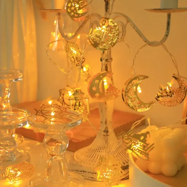 ⁦1 قطعة، أضواء سلسلة رمضان بأسلوب مزيج من الحديد المفرغ، 1.8م/70.8 بوصة 10 LED تعمل بالبطارية، زينة رمضان، غرفة نوم، أضواء رمضان⁩ - الصورة ⁦2⁩
