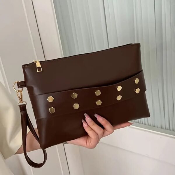 ⁦صيحات الموضه حقيبة يد نسائية أنيقة بتصميم فينتاج بريفيت - لون سادة، تصميم ظرف مع إغلاق بسحاب، مقاومة للبقع⁩ - الصورة ⁦2⁩